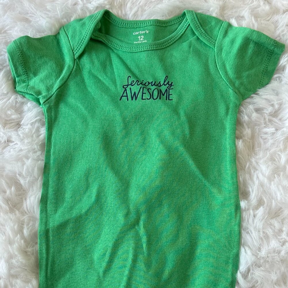 NEW CARTERS BABY SERIOUSLY AWESOME GREEN BODYSUIT SZ 12 M